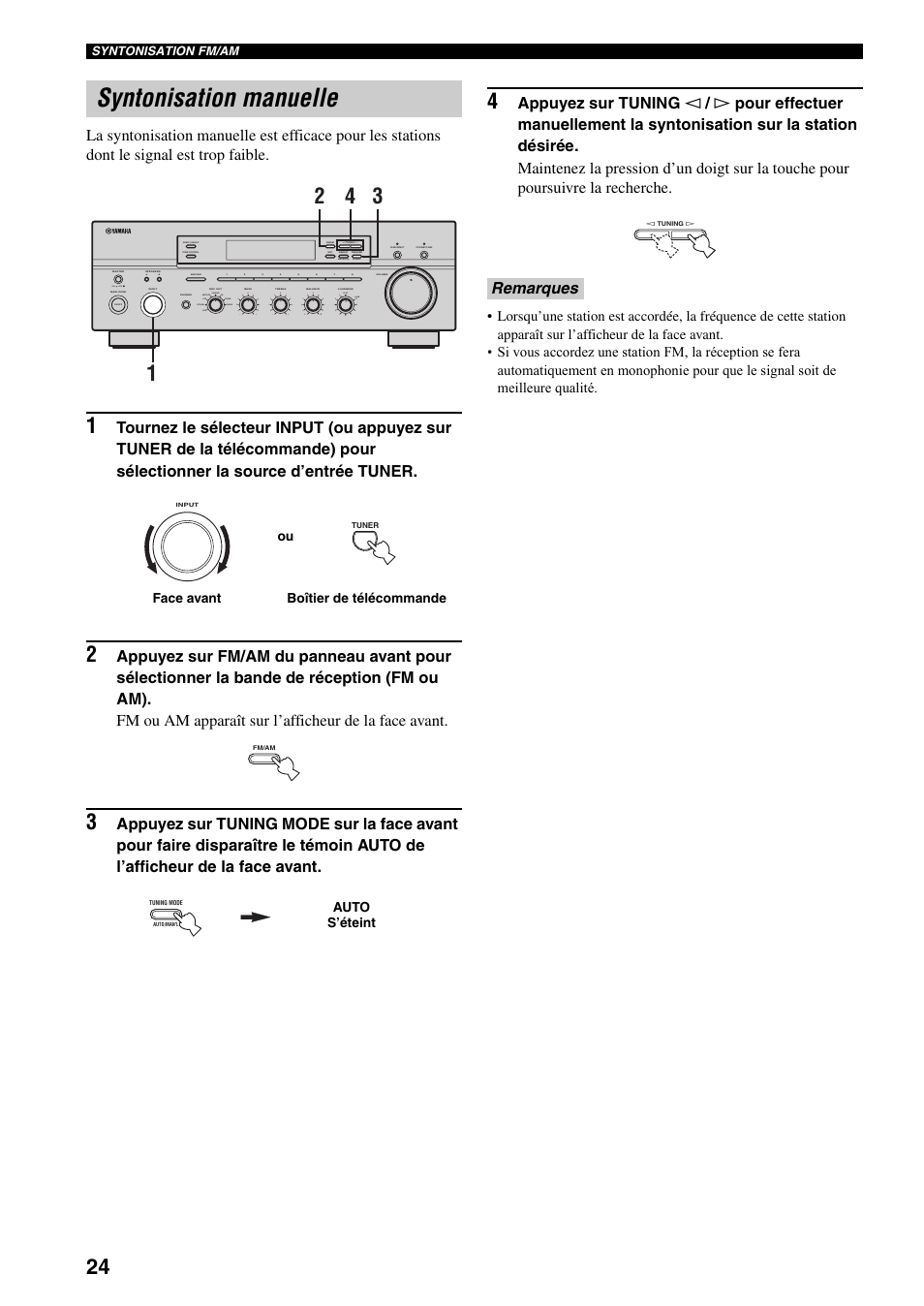 Syntonisation manuelle, Remarques, On off | Man'l/auto fm, Auto/man'l b a, Md/tape source cd dvd vcr tuner dtv/cbl phono | Yamaha RX-797 User Manual | Page 70 / 266