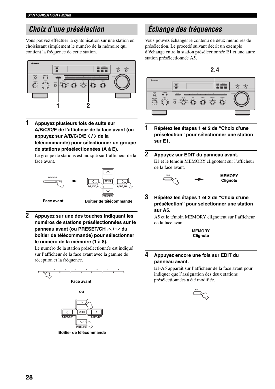 Choix d’une présélection, Échange des fréquences, Choix d’une présélection échange des fréquences | On off, Man'l/auto fm, Auto/man'l b a, Md/tape source cd dvd vcr tuner dtv/cbl phono | Yamaha RX-797 User Manual | Page 74 / 266