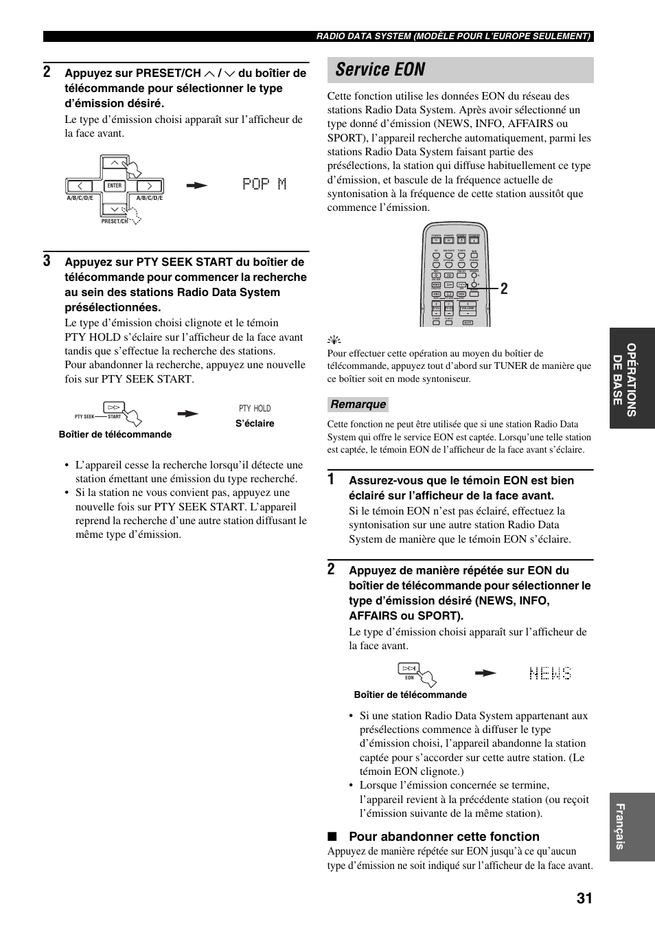 Service eon, Pop m, Pour abandonner cette fonction | Fr anç a is opéra t ions de b a se, Remarque | Yamaha RX-797 User Manual | Page 77 / 266