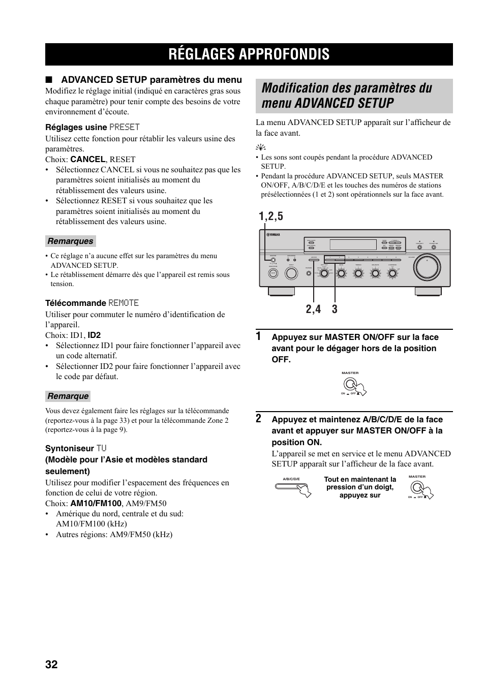 Opérations détaillées, Réglages approfondis, Modification des paramètres du menu advanced setup | Modification des paramètres du menu, Advanced setup, Advanced setup paramètres du menu, Remarques remarque | Yamaha RX-797 User Manual | Page 78 / 266