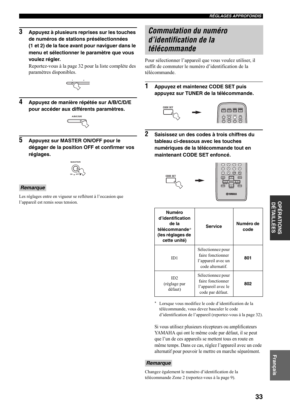 Commutation du numéro d’identification de la, Télécommande, Et 33 | Opéra t ions dét a illées fr anç a is, Remarque | Yamaha RX-797 User Manual | Page 79 / 266