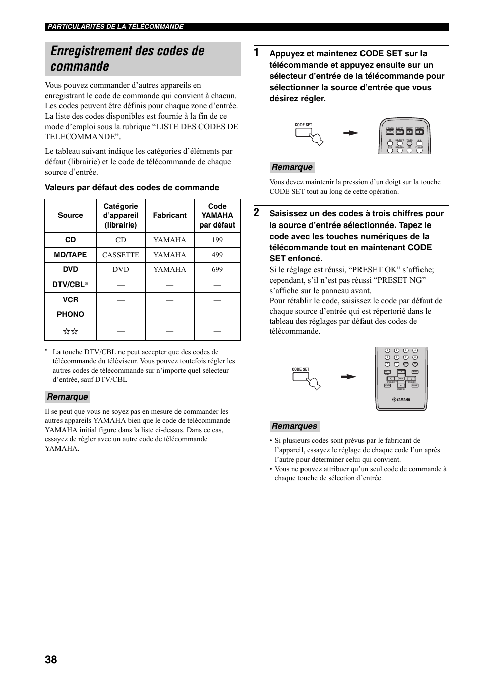 Enregistrement des codes de commande, Remarque, Remarque remarques | Yamaha RX-797 User Manual | Page 84 / 266