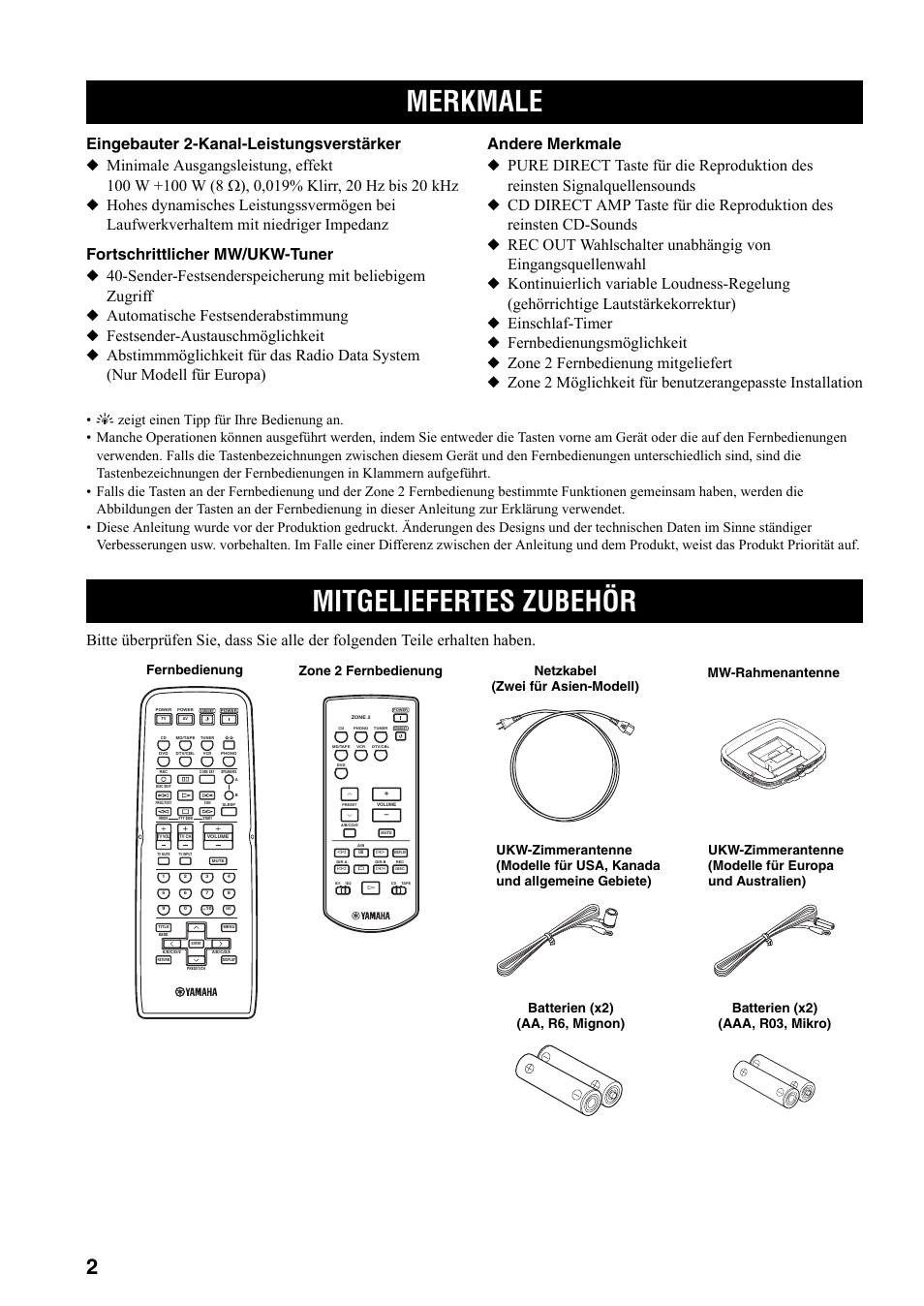 Einleitung, Merkmale, Mitgeliefertes zubehör | Merkmale mitgeliefertes zubehör | Yamaha RX-797 User Manual | Page 92 / 266