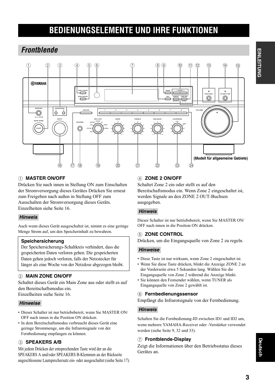 Bedienungselemente und ihre funktionen, Frontblende, Bedienungselemente und ihre | Funktionen, Modell für allgeemeine gebiete) | Yamaha RX-797 User Manual | Page 93 / 266