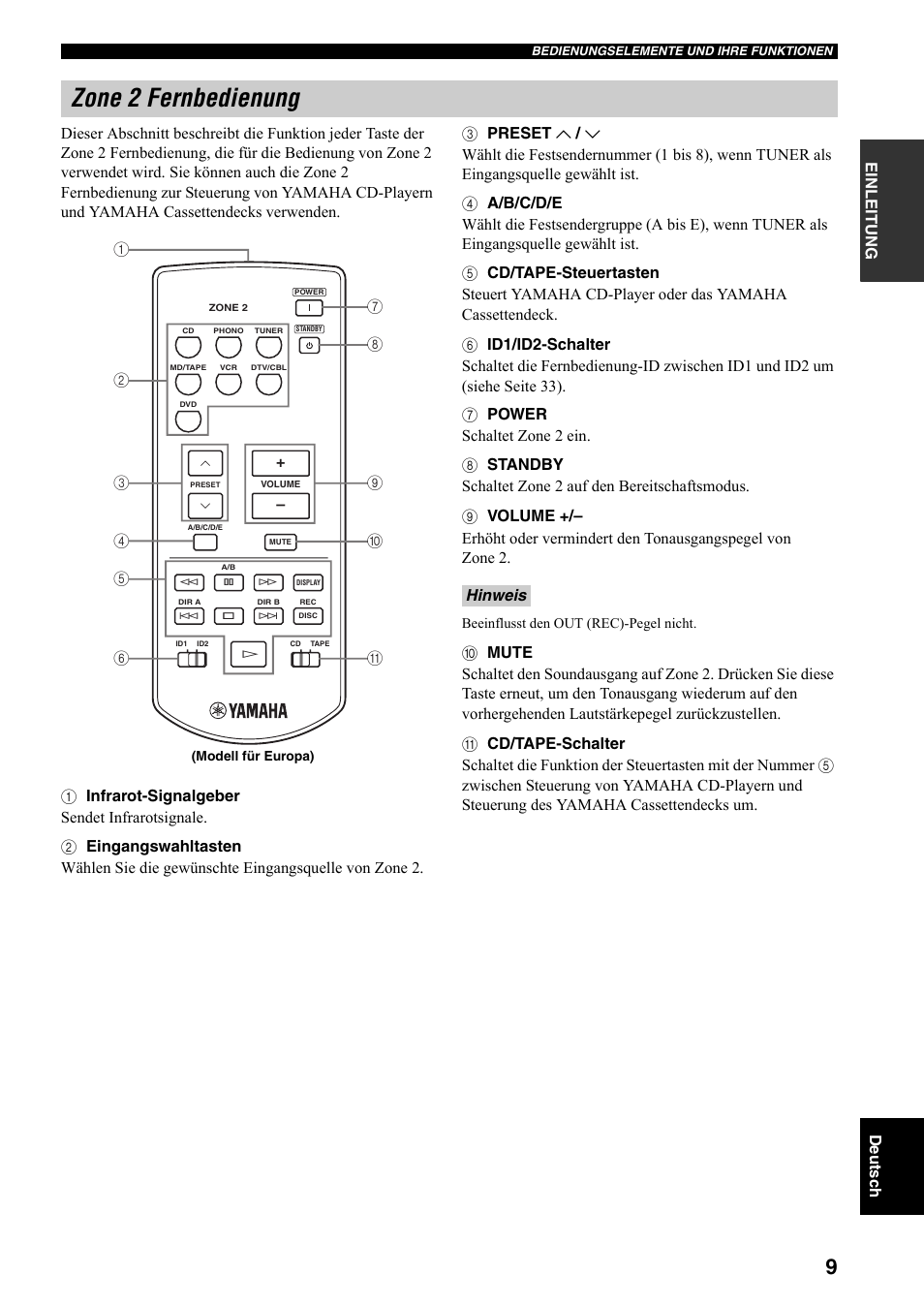 Zone 2 fernbedienung, Hinweis | Yamaha RX-797 User Manual | Page 99 / 266