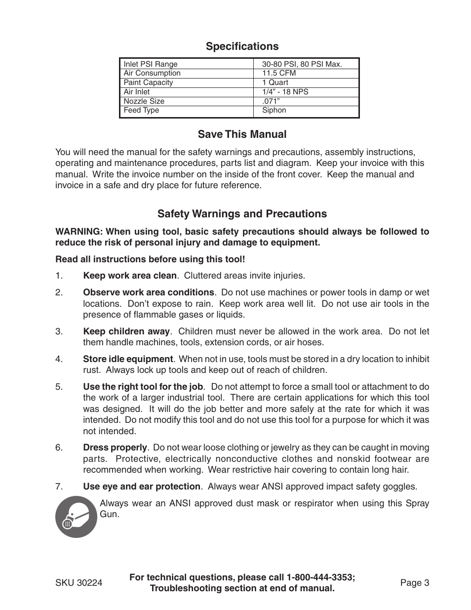 Specifications, Safety warnings and precautions, Specifications save this manual | Harbor Freight Tools 30224 User Manual | Page 3 / 15