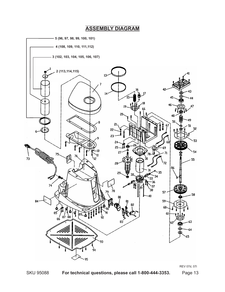 Assembly diagram | Harbor Freight Tools 95088 User Manual | Page 13 / 15