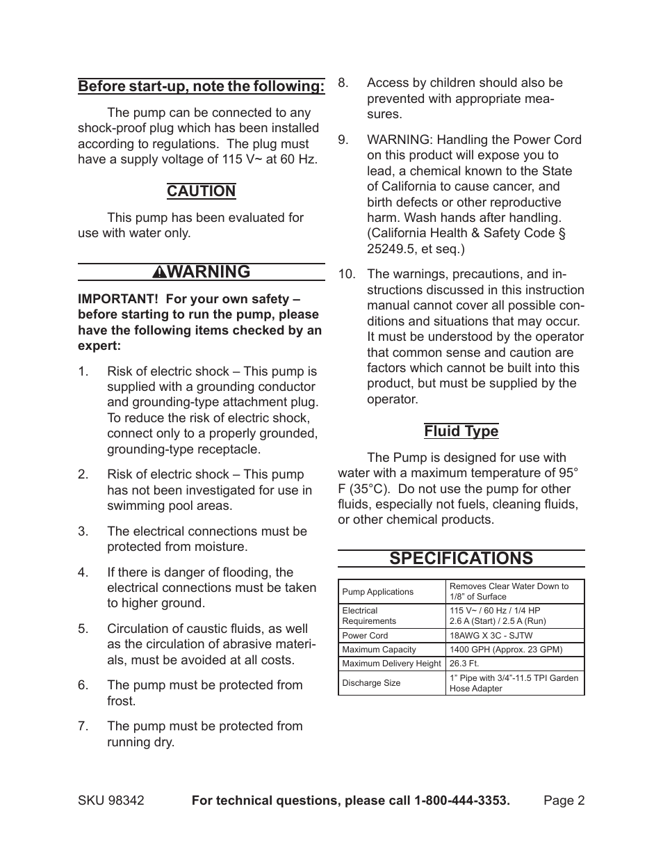 Warning, Specifications, Caution | Fluid type | Harbor Freight Tools 98342 User Manual | Page 2 / 8