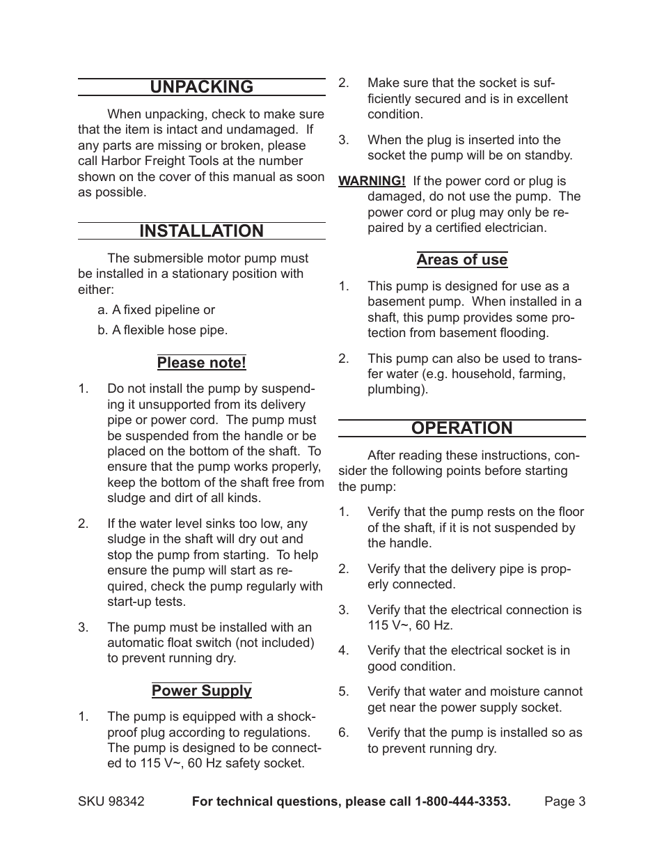 Unpacking, Installation, Operation | Harbor Freight Tools 98342 User Manual | Page 3 / 8