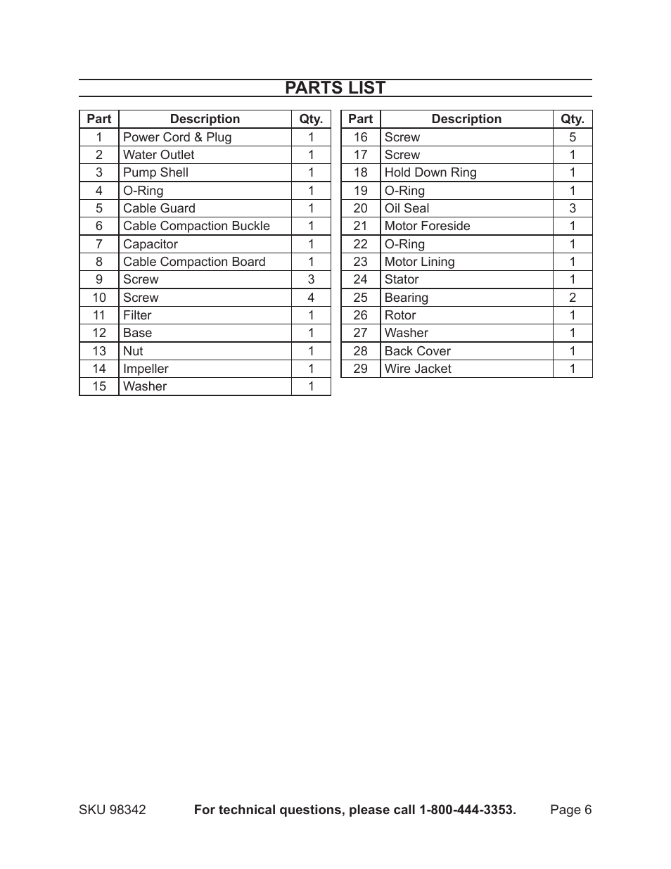 Parts list | Harbor Freight Tools 98342 User Manual | Page 6 / 8