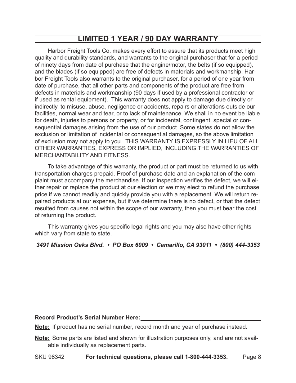 Limited 1 year / 90 day warranty | Harbor Freight Tools 98342 User Manual | Page 8 / 8
