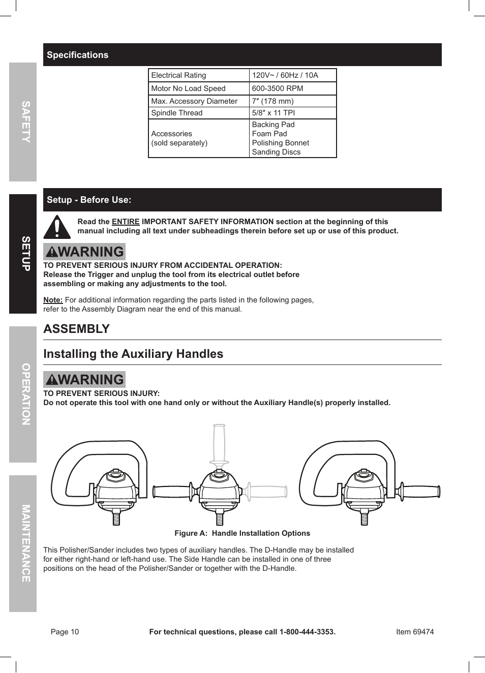 Assembly installing the auxiliary handles | Harbor Freight Tools 7" Variable Speed Polisher/Sander 69474 User Manual | Page 10 / 20