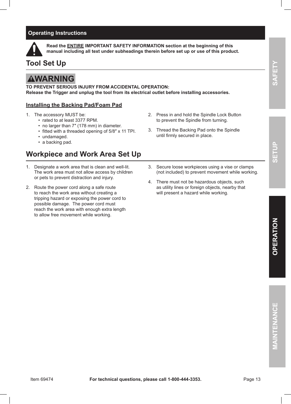 Tool set up, Workpiece and work area set up | Harbor Freight Tools 7" Variable Speed Polisher/Sander 69474 User Manual | Page 13 / 20