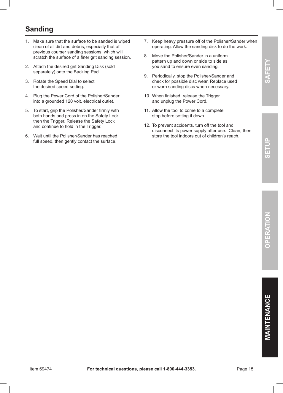 Sanding | Harbor Freight Tools 7" Variable Speed Polisher/Sander 69474 User Manual | Page 15 / 20