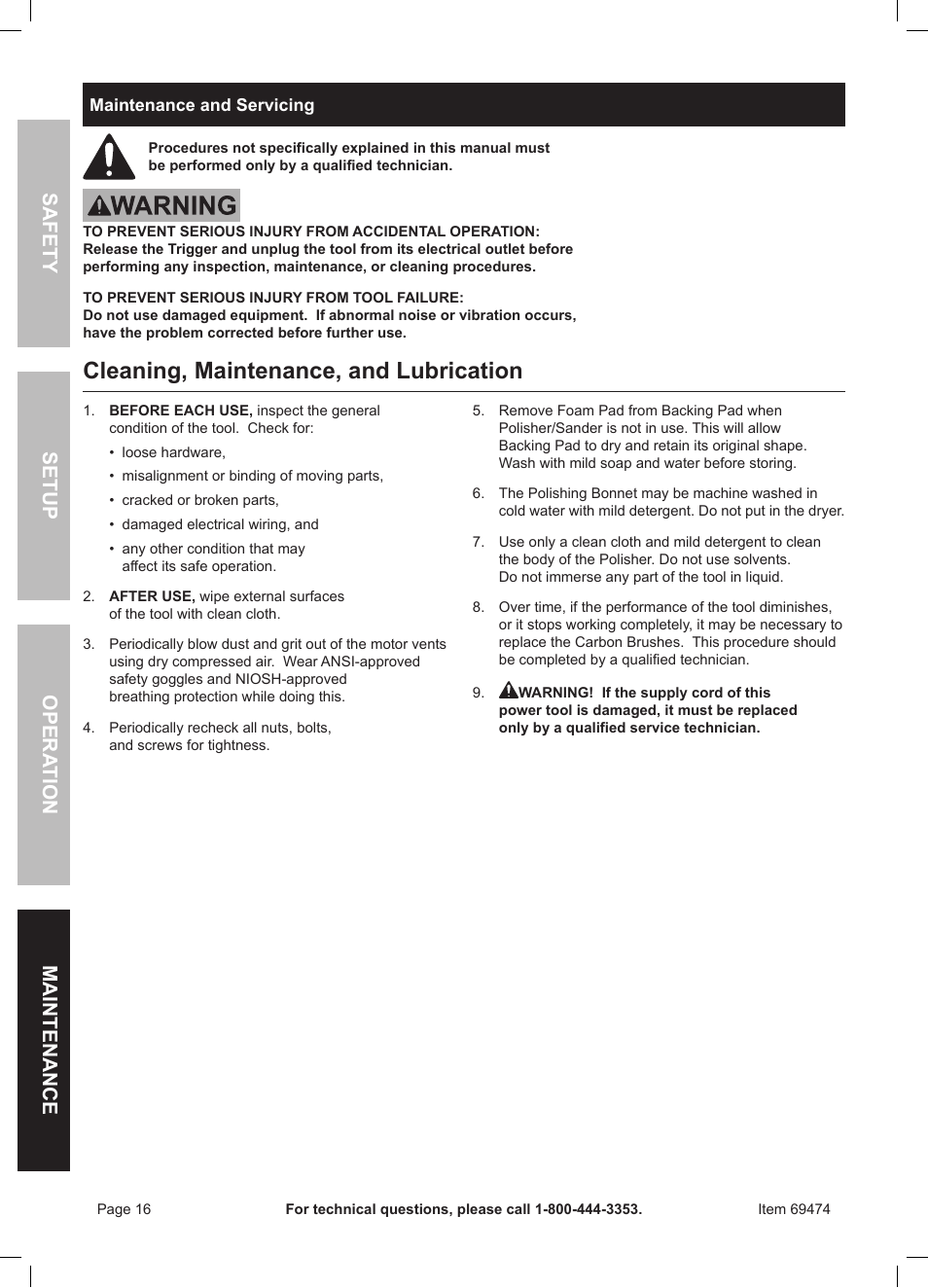 Cleaning, maintenance, and lubrication | Harbor Freight Tools 7" Variable Speed Polisher/Sander 69474 User Manual | Page 16 / 20