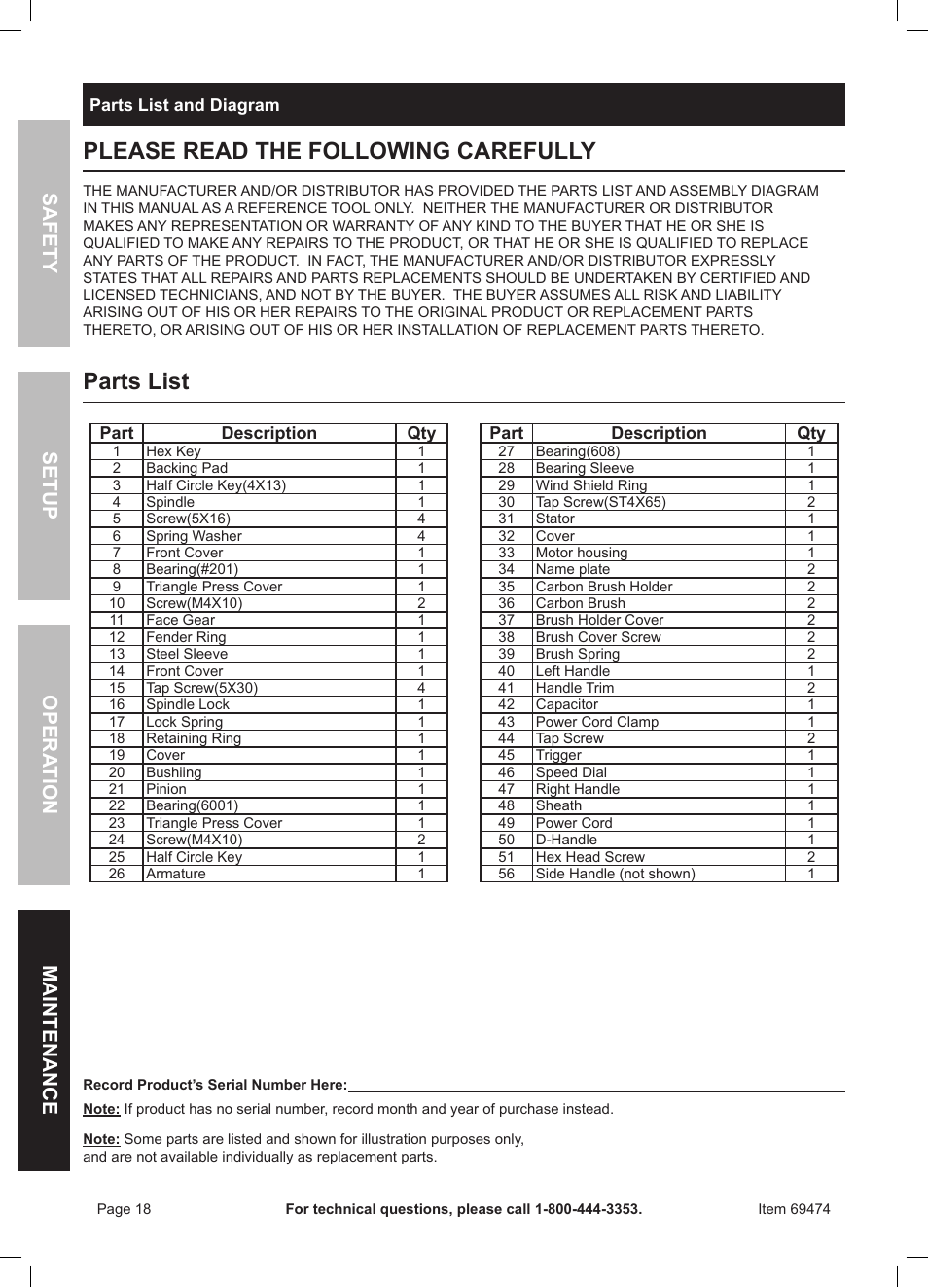 Please read the following carefully, Parts list | Harbor Freight Tools 7" Variable Speed Polisher/Sander 69474 User Manual | Page 18 / 20