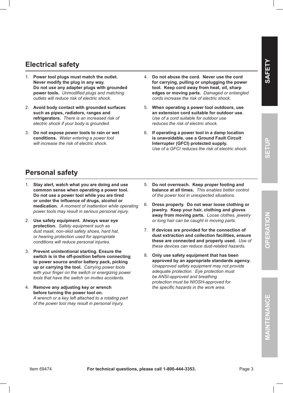 Electrical safety, Personal safety | Harbor Freight Tools 7" Variable Speed Polisher/Sander 69474 User Manual | Page 3 / 20