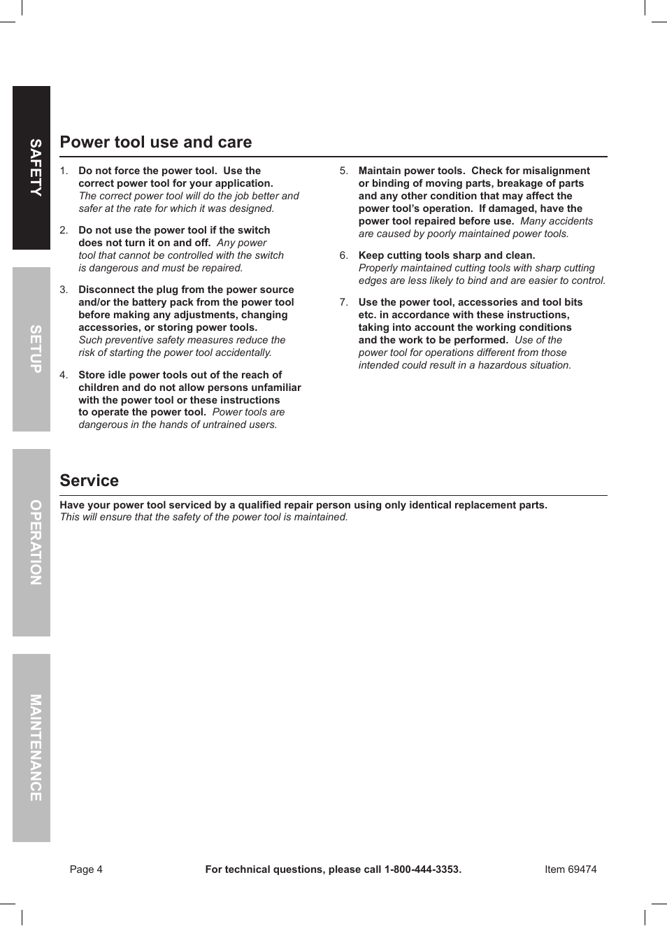 Power tool use and care, Service | Harbor Freight Tools 7" Variable Speed Polisher/Sander 69474 User Manual | Page 4 / 20