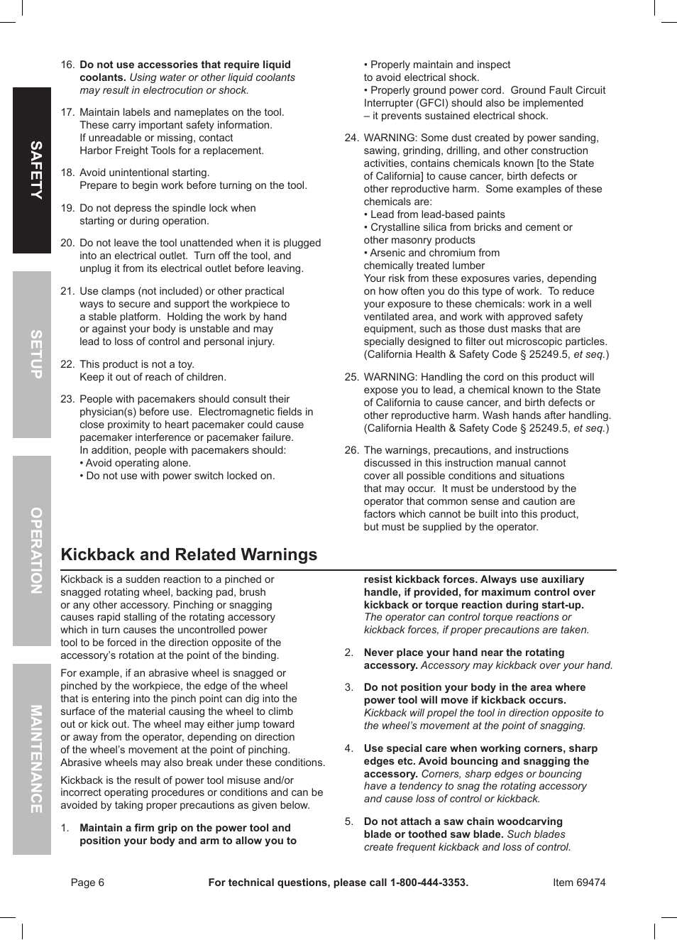 Kickback and related warnings | Harbor Freight Tools 7" Variable Speed Polisher/Sander 69474 User Manual | Page 6 / 20