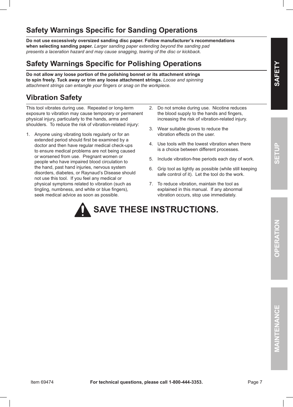 Save these instructions, Safety warnings specific for sanding operations, Safety warnings specific for polishing operations | Vibration safety | Harbor Freight Tools 7" Variable Speed Polisher/Sander 69474 User Manual | Page 7 / 20