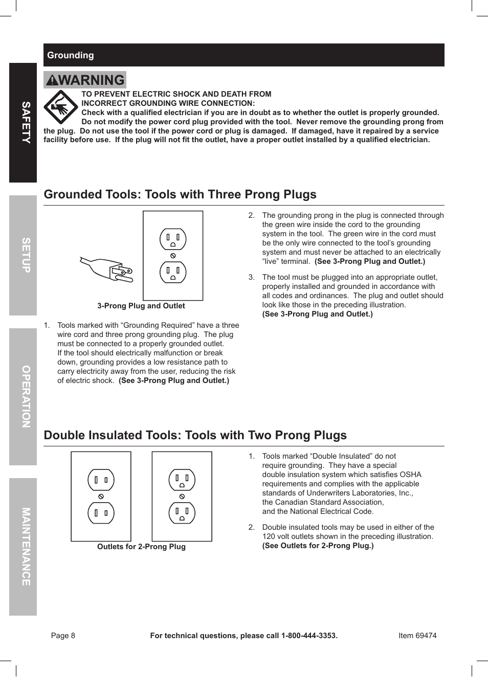 Grounded tools: tools with three prong plugs, Double insulated tools: tools with two prong plugs | Harbor Freight Tools 7" Variable Speed Polisher/Sander 69474 User Manual | Page 8 / 20