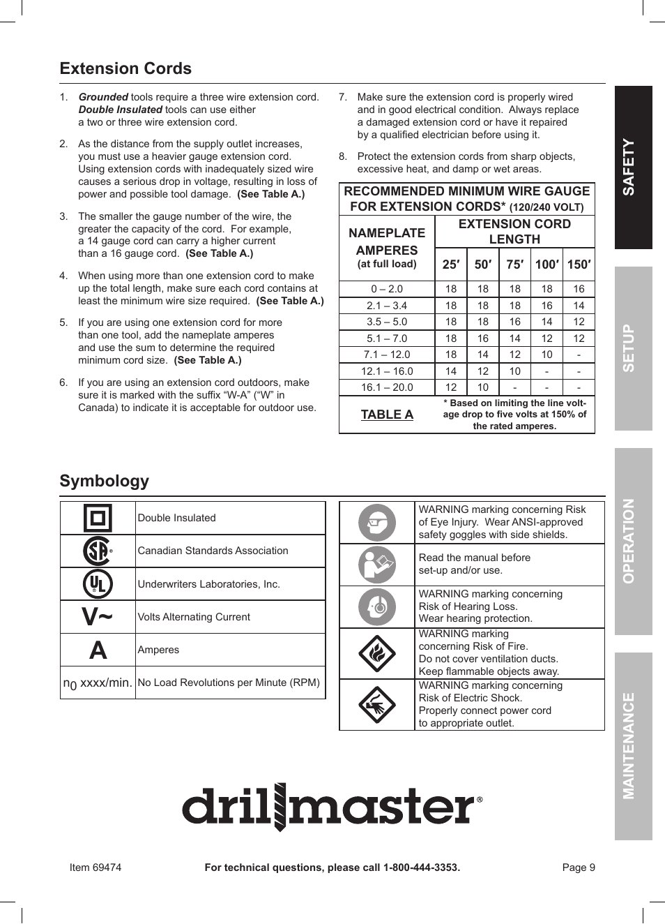 Extension cords, Symbology | Harbor Freight Tools 7" Variable Speed Polisher/Sander 69474 User Manual | Page 9 / 20