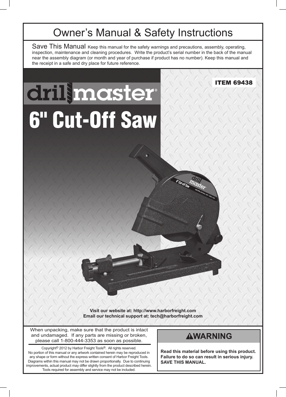 Harbor Freight Tools Drillmaster 6" Cut-Off Saw 69438 User Manual | 16 pages