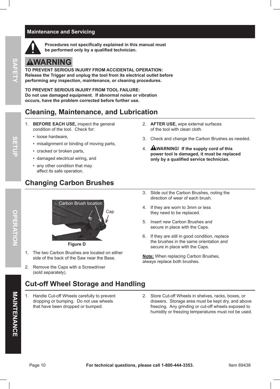 Cleaning, maintenance, and lubrication, Changing carbon brushes, Cut-off wheel storage and handling | Harbor Freight Tools Drillmaster 6" Cut-Off Saw 69438 User Manual | Page 10 / 16