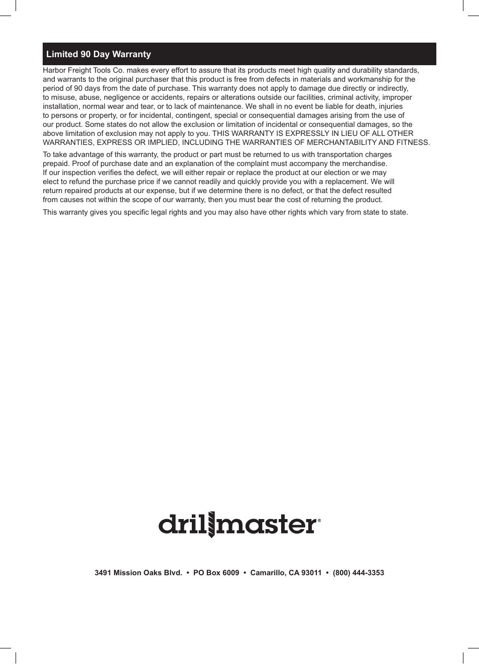 Harbor Freight Tools Drillmaster 6" Cut-Off Saw 69438 User Manual | Page 16 / 16