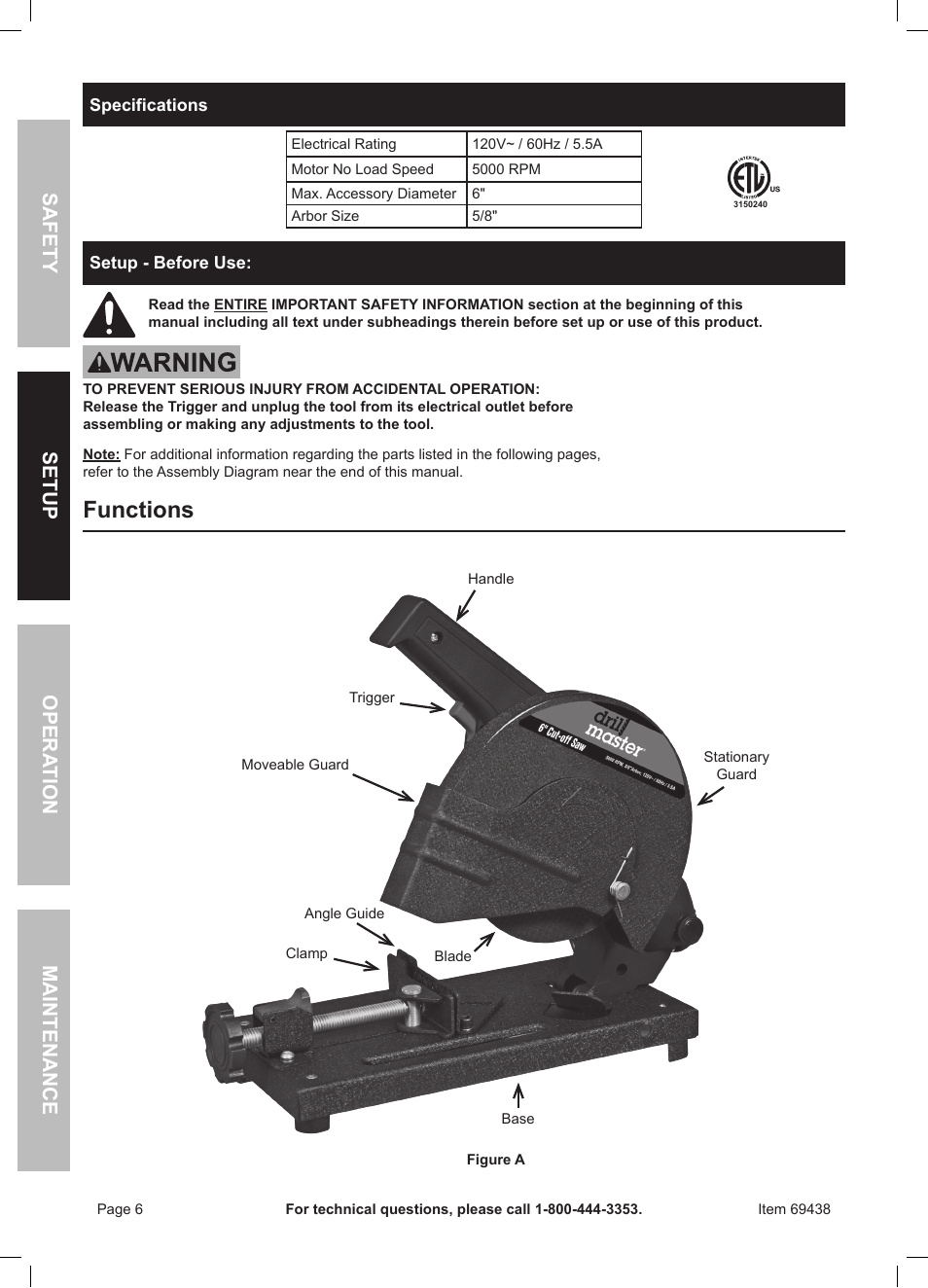 Functions | Harbor Freight Tools Drillmaster 6" Cut-Off Saw 69438 User Manual | Page 6 / 16