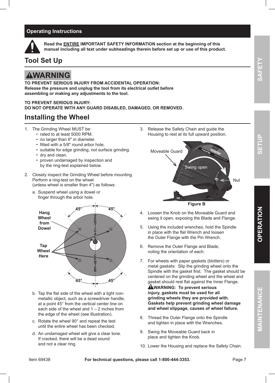 Tool set up, Installing the wheel | Harbor Freight Tools Drillmaster 6" Cut-Off Saw 69438 User Manual | Page 7 / 16