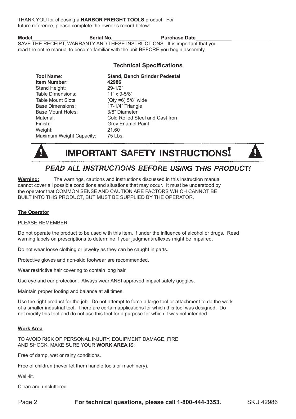 Harbor Freight Tools Bench Grinder Pedestal Stand 42986 User Manual | Page 2 / 4