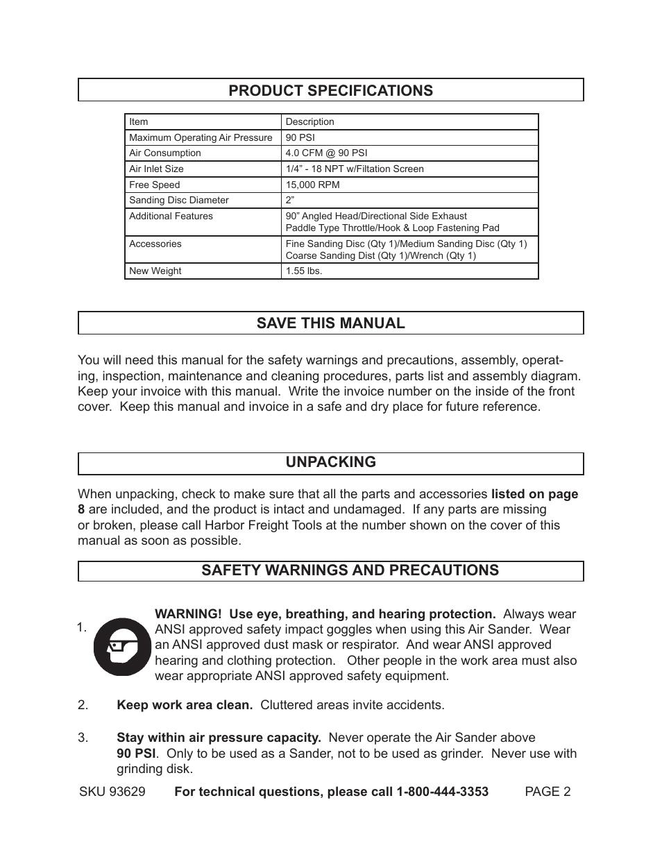 Product specifications save this manual, Safety warnings and precautions unpacking | Harbor Freight Tools 93629 User Manual | Page 2 / 9