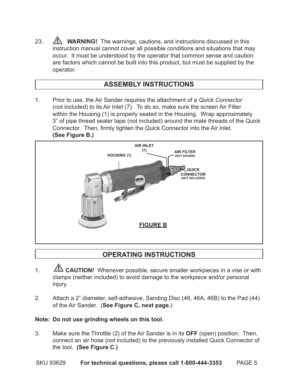 Assembly instructions, Operating instructions | Harbor Freight Tools 93629 User Manual | Page 5 / 9