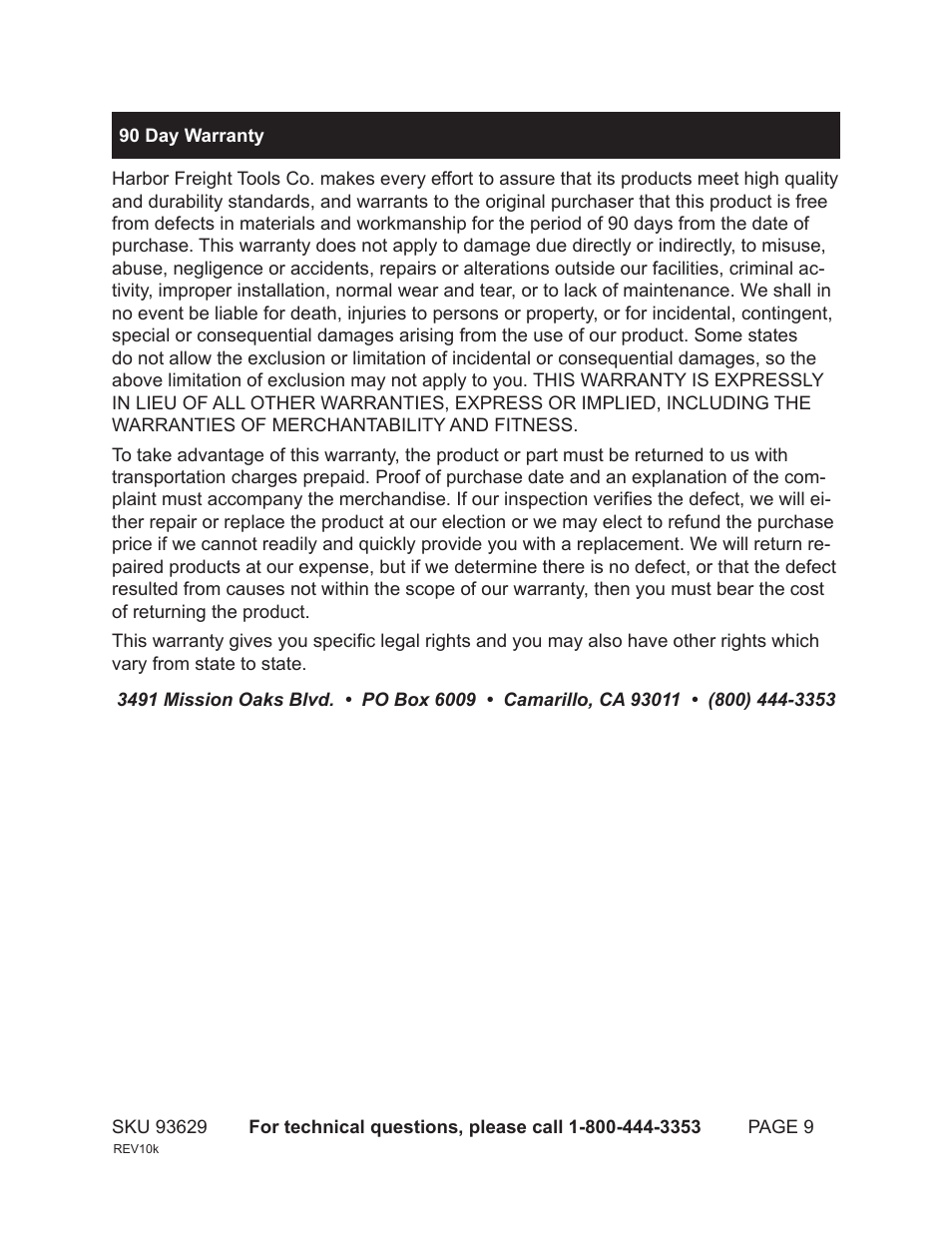 Harbor Freight Tools 93629 User Manual | Page 9 / 9