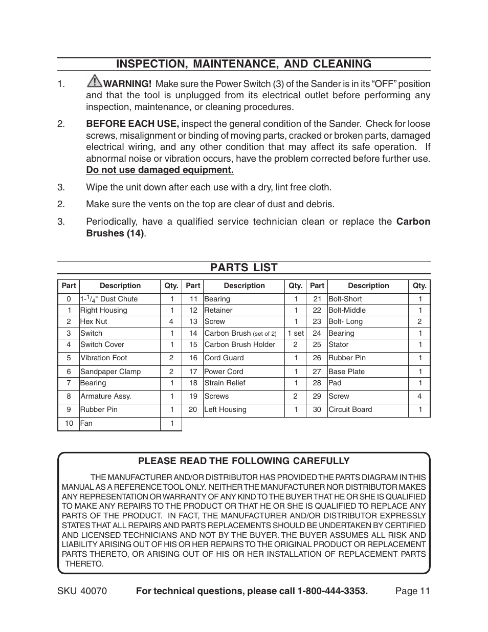 Inspection, maintenance, and cleaning, Parts list | Harbor Freight Tools 40070 User Manual | Page 11 / 12