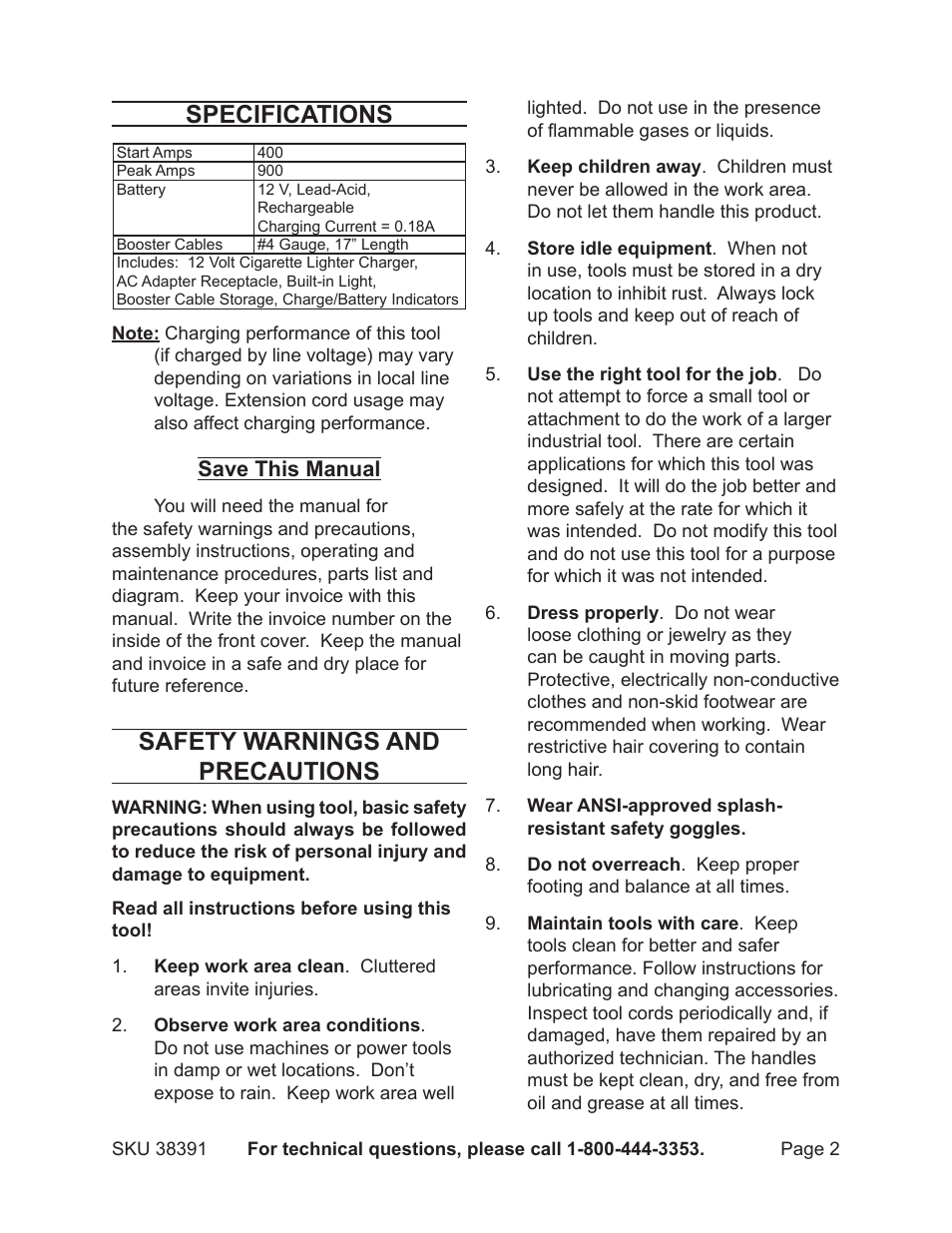 Specifications, Safety warnings and precautions | Harbor Freight Tools CHICAGO ELECTRIC 38391 User Manual | Page 2 / 9