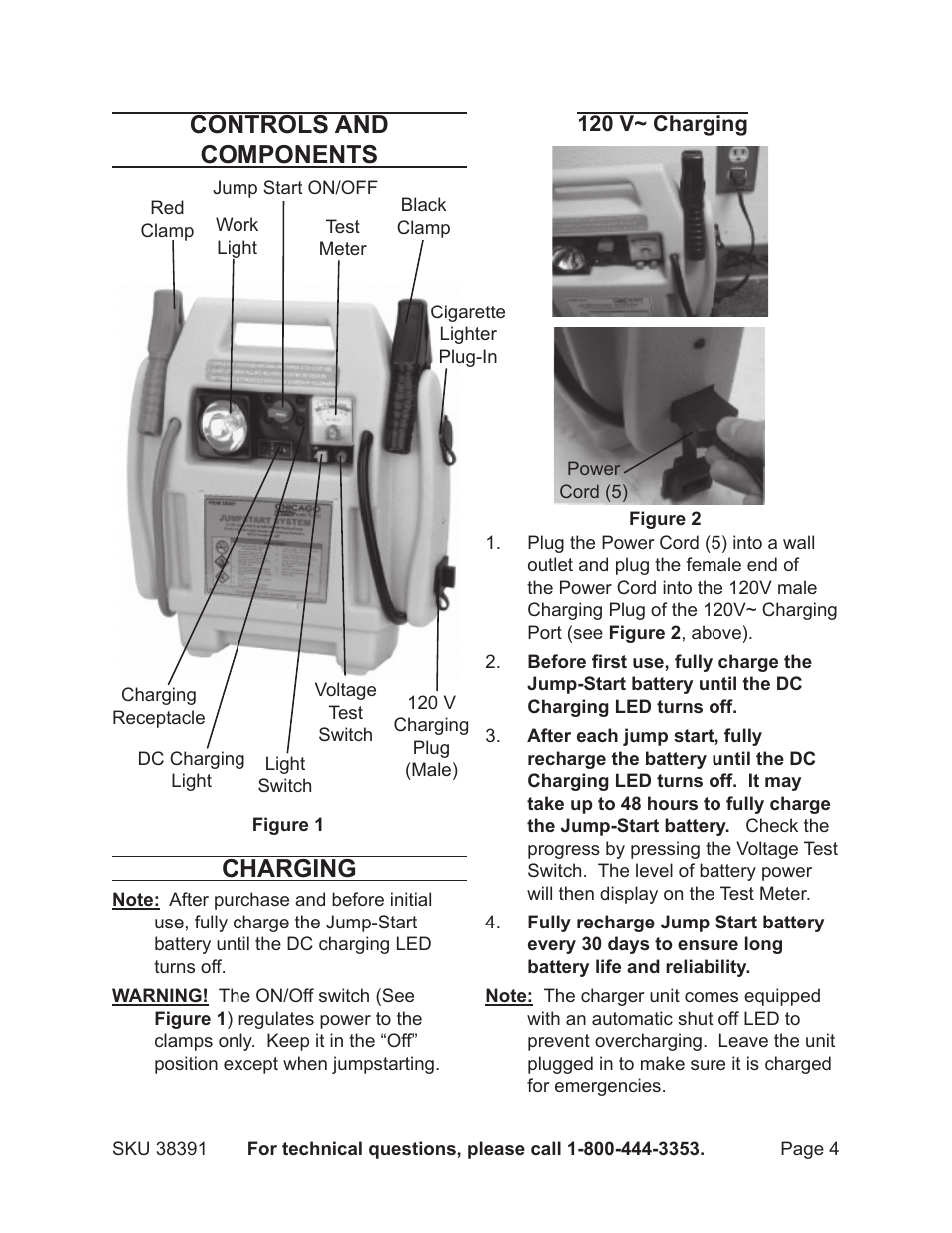 Controls and components, Charging | Harbor Freight Tools CHICAGO ELECTRIC 38391 User Manual | Page 4 / 9