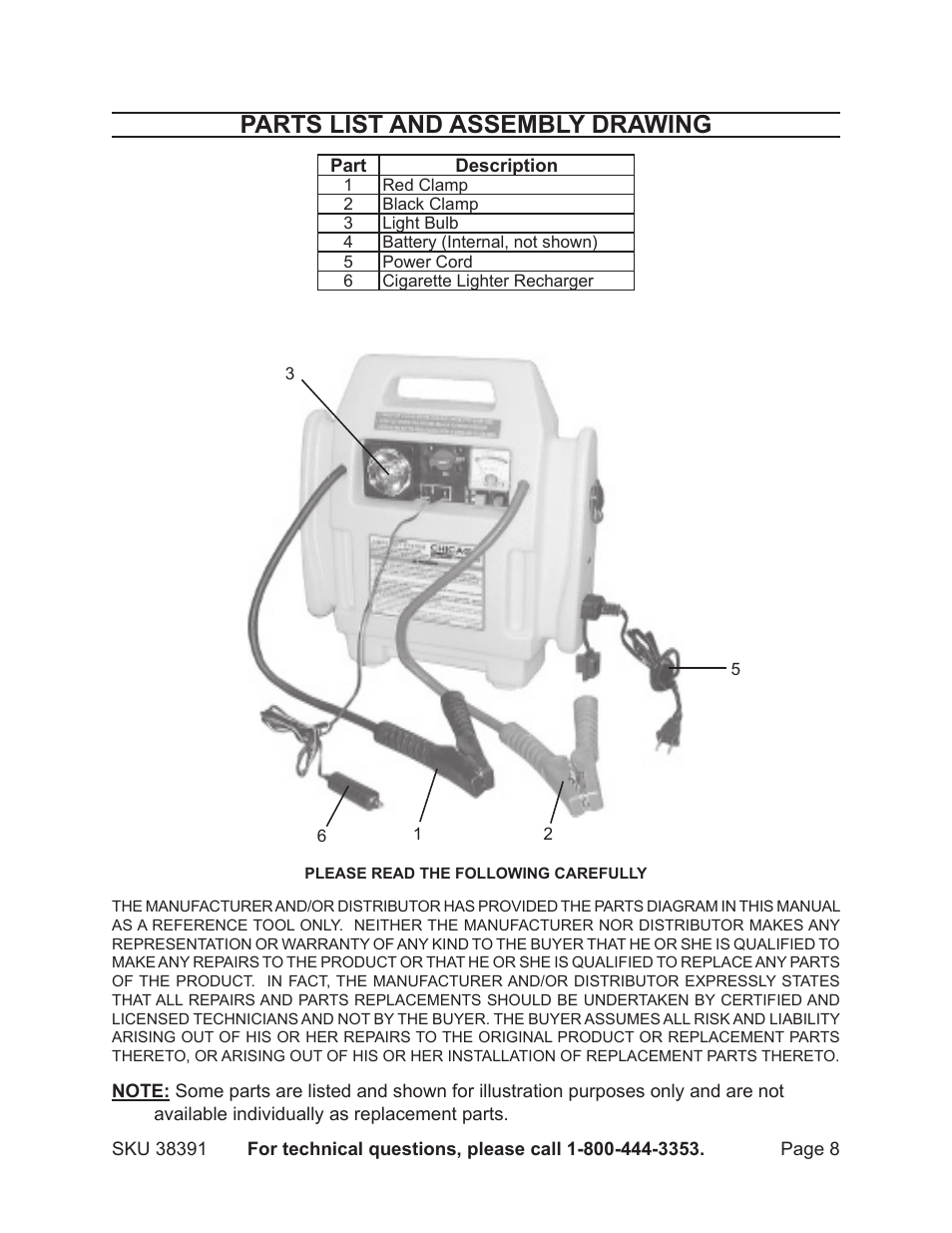 Parts list and assembly drawing | Harbor Freight Tools CHICAGO ELECTRIC 38391 User Manual | Page 8 / 9