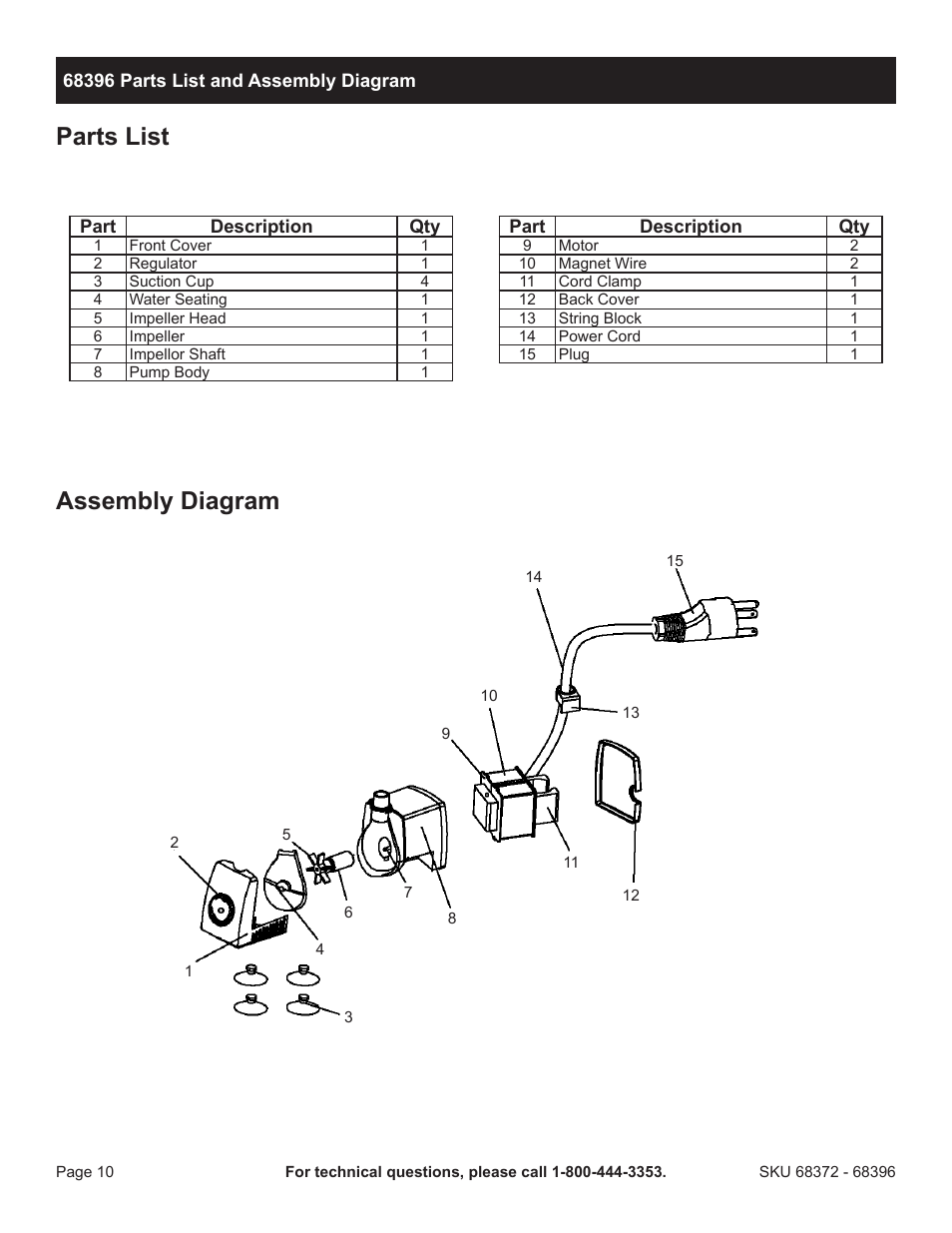 Parts list, Assembly diagram | Harbor Freight Tools Pacific Hydrostar Mini Submersible/Fountain/Pond Pump 68396 User Manual | Page 10 / 12