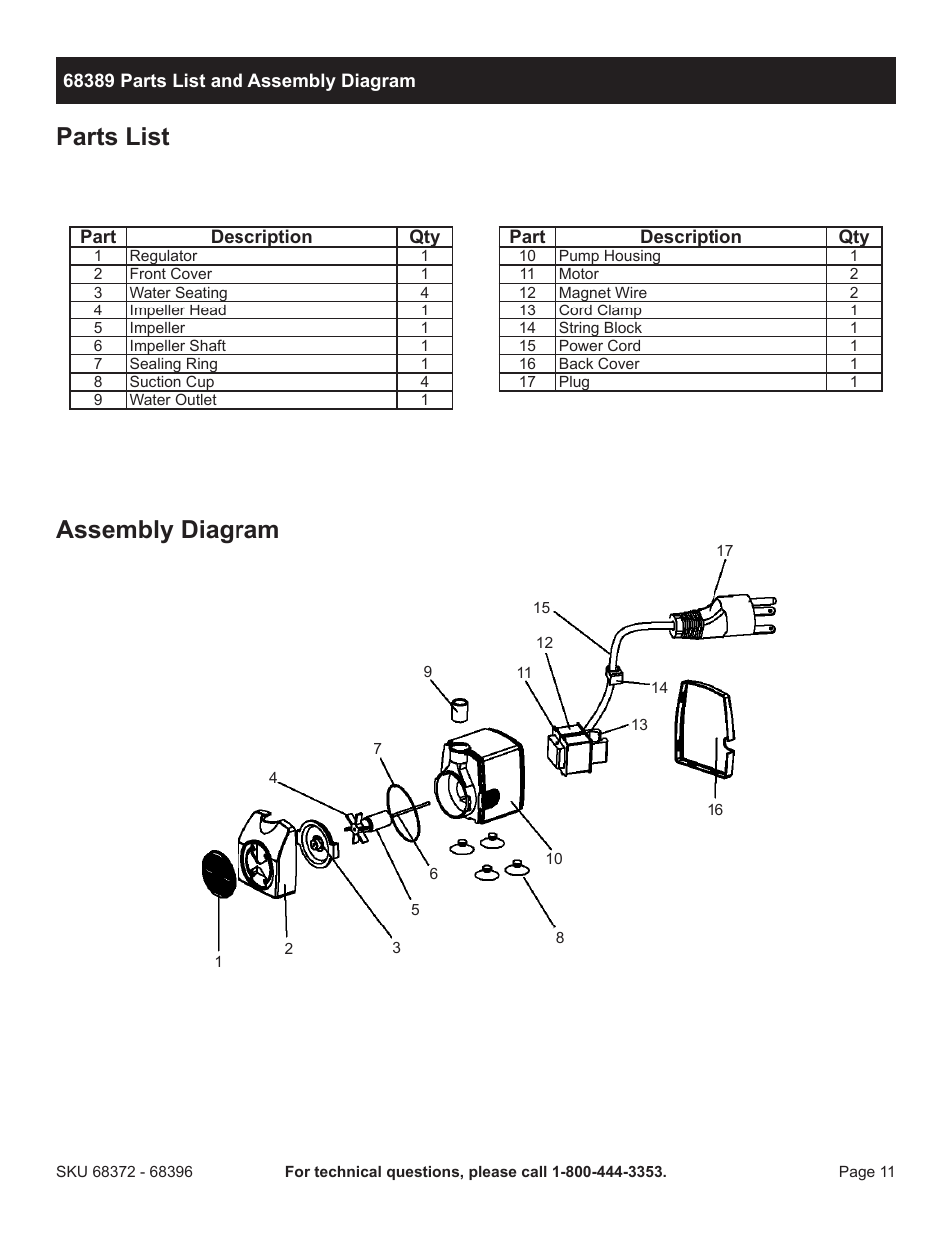 Parts list assembly diagram | Harbor Freight Tools Pacific Hydrostar Mini Submersible/Fountain/Pond Pump 68396 User Manual | Page 11 / 12