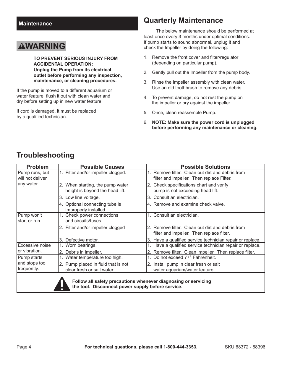 Quarterly maintenance, Troubleshooting | Harbor Freight Tools Pacific Hydrostar Mini Submersible/Fountain/Pond Pump 68396 User Manual | Page 4 / 12