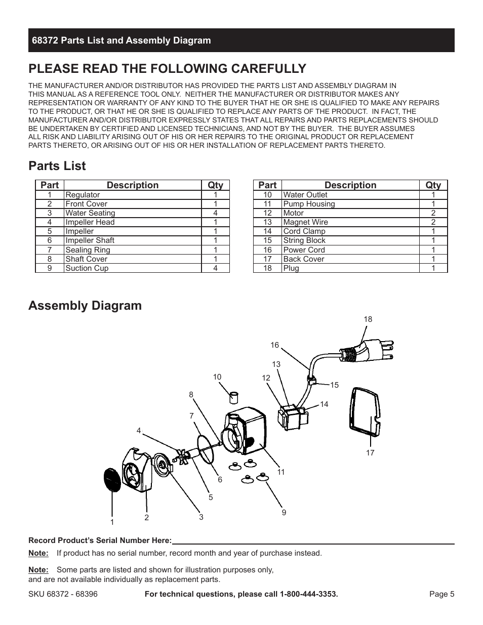 Please read the following carefully, Parts list, Assembly diagram | Harbor Freight Tools Pacific Hydrostar Mini Submersible/Fountain/Pond Pump 68396 User Manual | Page 5 / 12