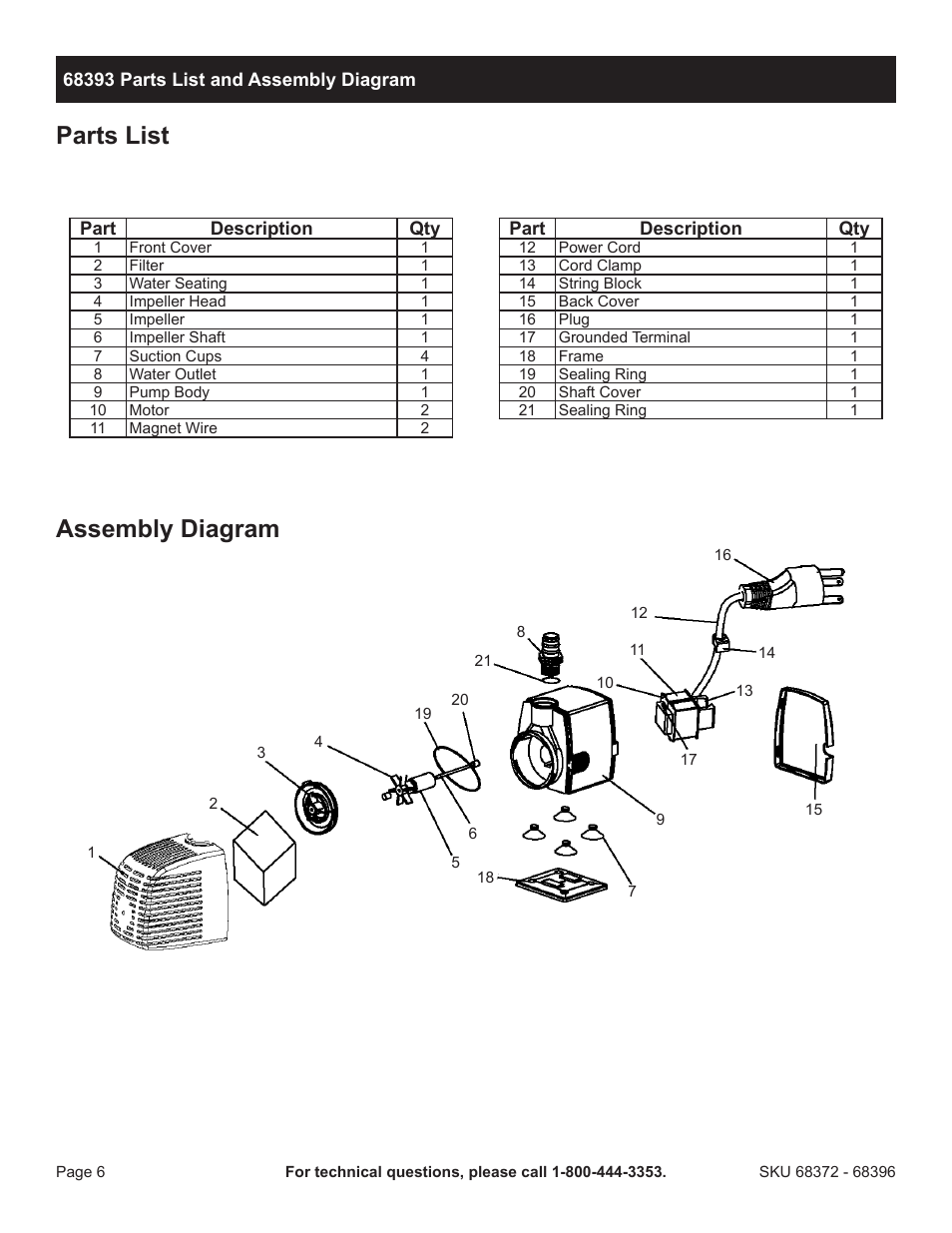 Parts list assembly diagram | Harbor Freight Tools Pacific Hydrostar Mini Submersible/Fountain/Pond Pump 68396 User Manual | Page 6 / 12