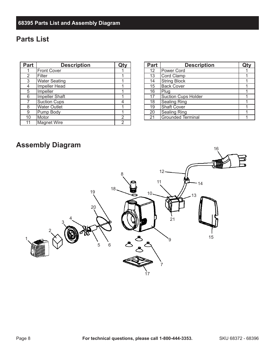 Parts list assembly diagram | Harbor Freight Tools Pacific Hydrostar Mini Submersible/Fountain/Pond Pump 68396 User Manual | Page 8 / 12