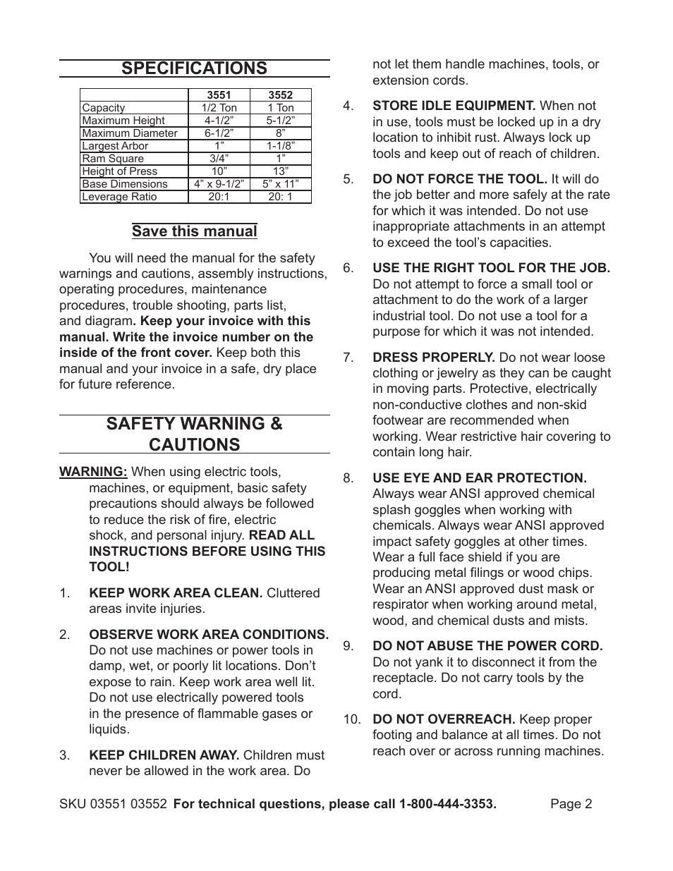 Specifications, Safety warning & cautions, Save this manual | Harbor Freight Tools 3551 User Manual | Page 2 / 8