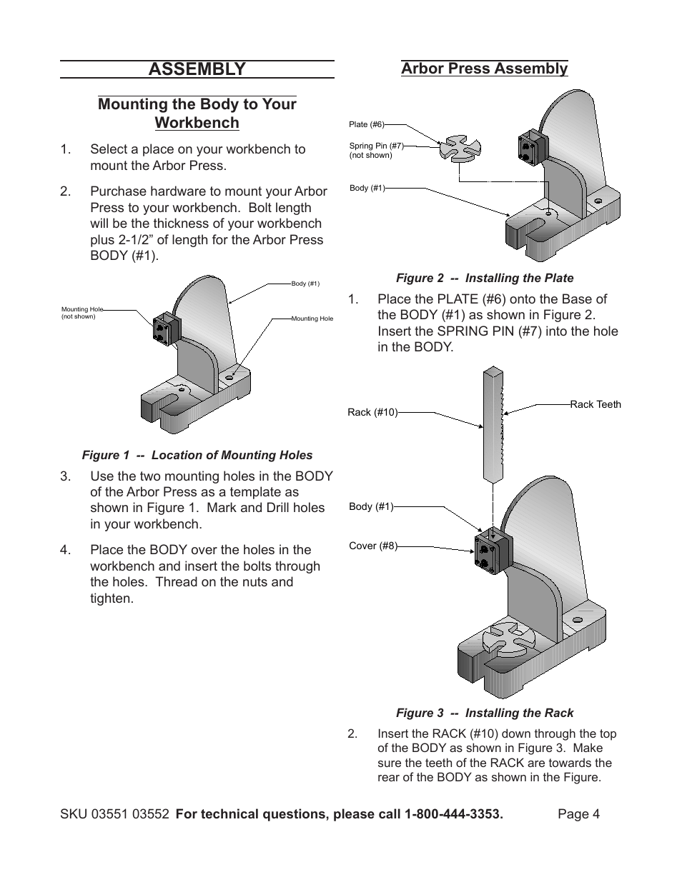 Assembly, Mounting the body to your workbench, Arbor press assembly | Harbor Freight Tools 3551 User Manual | Page 4 / 8