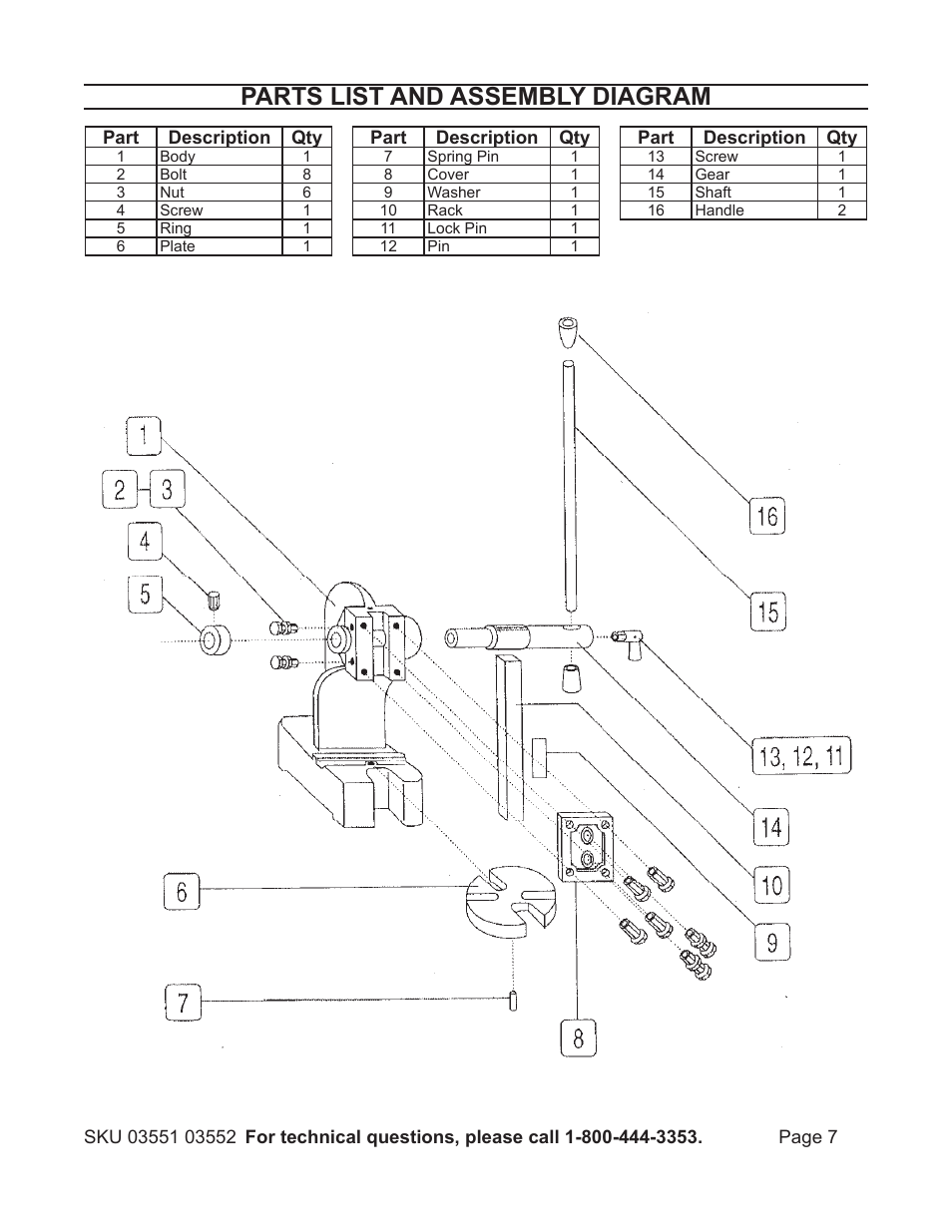 Parts list and assembly diagram | Harbor Freight Tools 3551 User Manual | Page 7 / 8