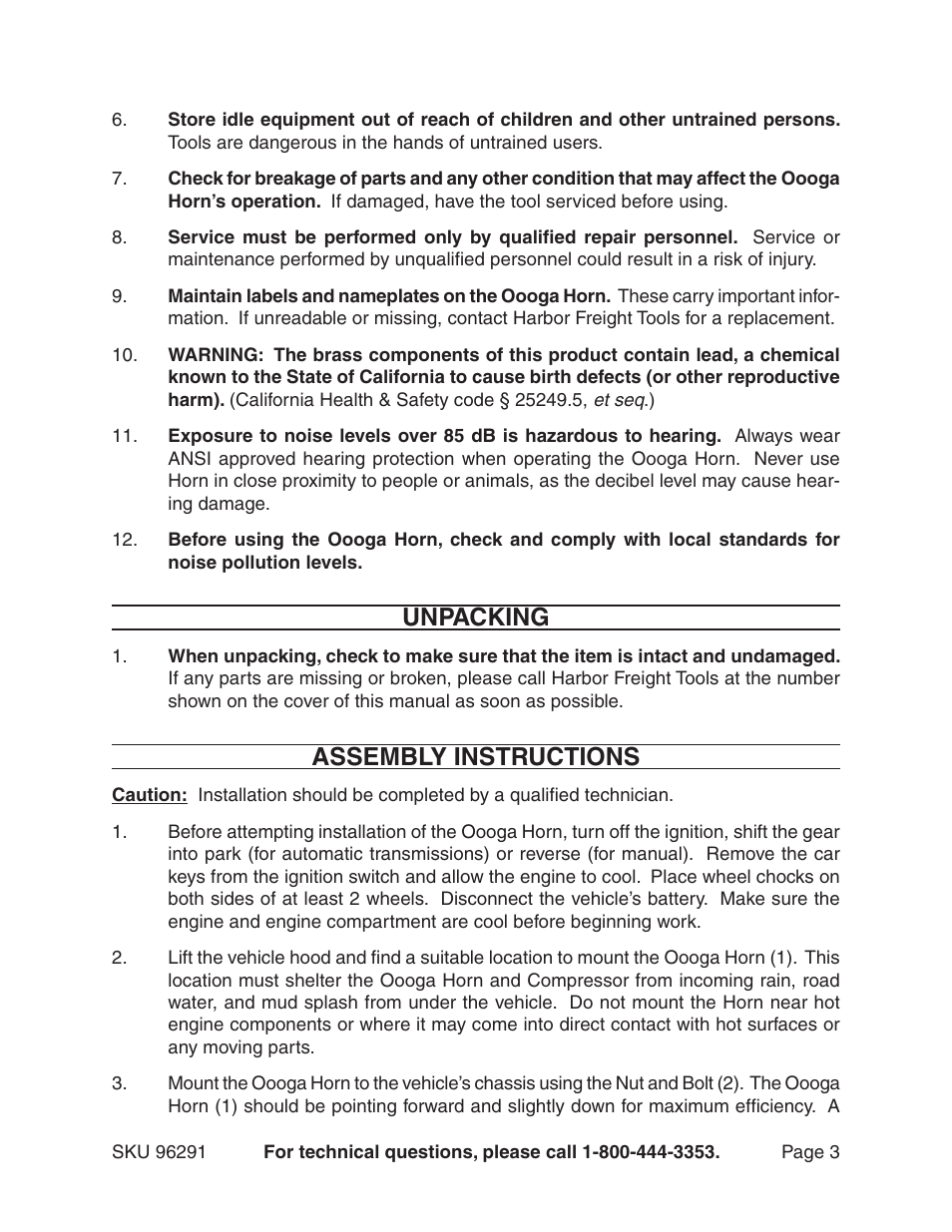 Unpacking, Assembly instructions | Harbor Freight Tools 96291 User Manual | Page 3 / 6