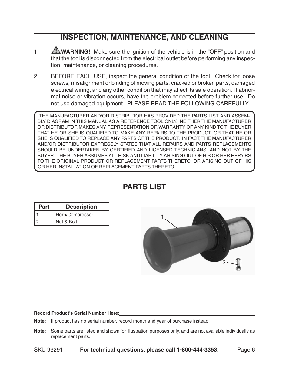 Inspection, maintenance, and cleaning, Parts list | Harbor Freight Tools 96291 User Manual | Page 6 / 6